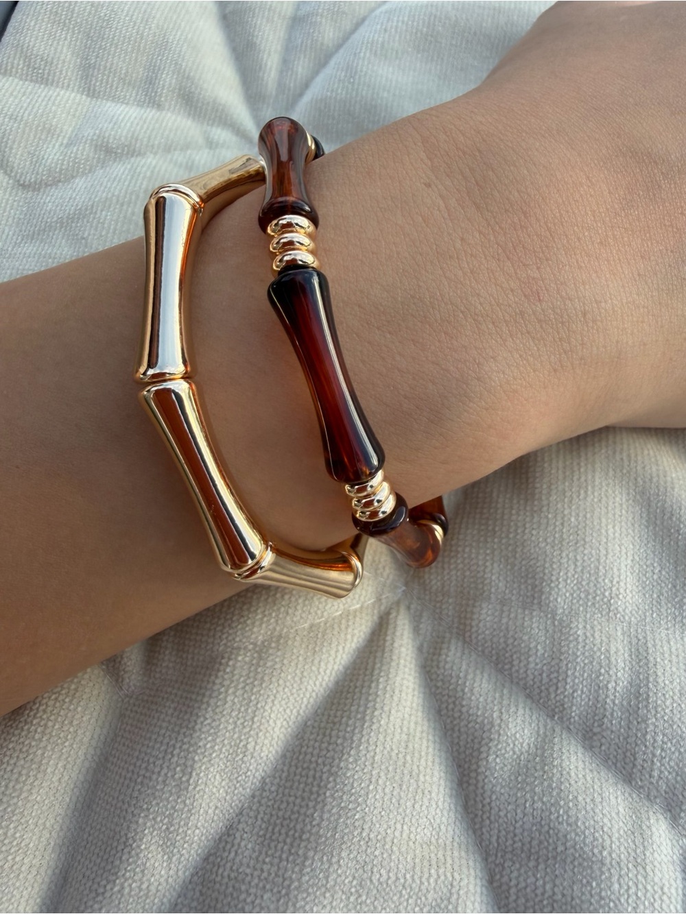 Gold Bamboo-Style and Amber Resin Stretch Bracelet Set - Stainless Steel